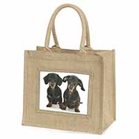 Cute Dachshund Dogs Natural/Beige Jute Large Shopping Bag