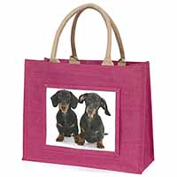 Cute Dachshund Dogs Large Pink Jute Shopping Bag