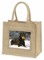Long-Haired Dachshund Dog Natural/Beige Jute Large Shopping Bag