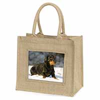 Long-Haired Dachshund Dog Natural/Beige Jute Large Shopping Bag