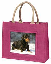 Long-Haired Dachshund Dog Large Pink Jute Shopping Bag