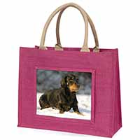 Long-Haired Dachshund Dog Large Pink Jute Shopping Bag