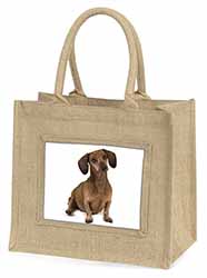 Cute Dachshund Dog Natural/Beige Jute Large Shopping Bag