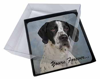4x English Pointer Dog "Yours Forever..." Picture Table Coasters Set in Gift Box