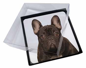 4x Black French Bulldog Picture Table Coasters Set in Gift Box