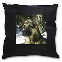 German Shepherd Dog in Snow Black Satin Feel Scatter Cushion