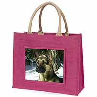 German Shepherd Dog in Snow Large Pink Jute Shopping Bag