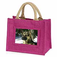 German Shepherd Dog in Snow Little Girls Small Pink Jute Shopping Bag