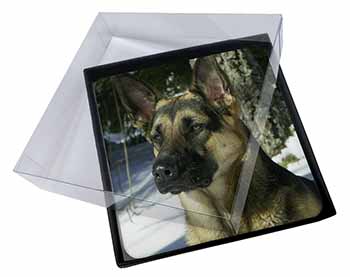 4x German Shepherd Dog in Snow Picture Table Coasters Set in Gift Box