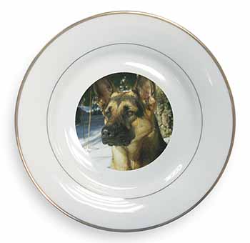 German Shepherd Dog in Snow Gold Rim Plate Printed Full Colour in Gift Box