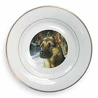 German Shepherd Dog in Snow Gold Rim Plate Printed Full Colour in Gift Box