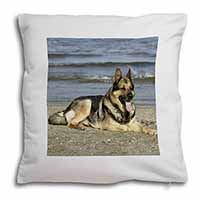 German Shepherd Dog on Beach Soft White Velvet Feel Scatter Cushion