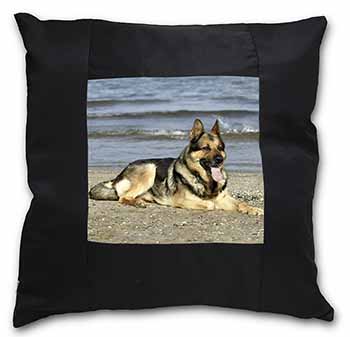 German Shepherd Dog on Beach Black Satin Feel Scatter Cushion
