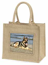 German Shepherd Dog on Beach Natural/Beige Jute Large Shopping Bag