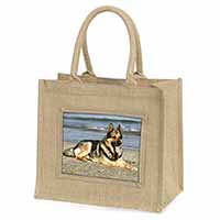 German Shepherd Dog on Beach Natural/Beige Jute Large Shopping Bag