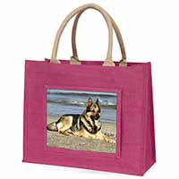 German Shepherd Dog on Beach Large Pink Jute Shopping Bag
