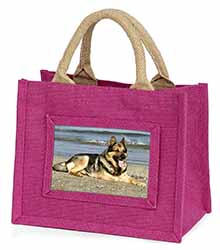 German Shepherd Dog on Beach Little Girls Small Pink Jute Shopping Bag