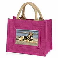 German Shepherd Dog on Beach Little Girls Small Pink Jute Shopping Bag