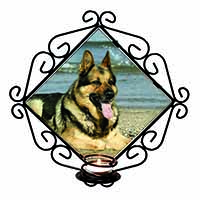 German Shepherd Dog on Beach Wrought Iron Wall Art Candle Holder