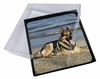 4x German Shepherd Dog on Beach Picture Table Coasters Set in Gift Box