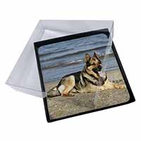 4x German Shepherd Dog on Beach Picture Table Coasters Set in Gift Box