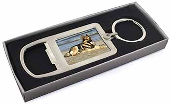 German Shepherd Dog on Beach Chrome Metal Bottle Opener Keyring in Box