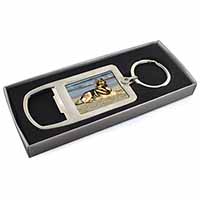 German Shepherd Dog on Beach Chrome Metal Bottle Opener Keyring in Box