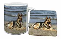 German Shepherd Dog on Beach Mug and Coaster Set