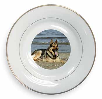 German Shepherd Dog on Beach Gold Rim Plate Printed Full Colour in Gift Box