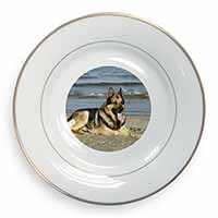 German Shepherd Dog on Beach Gold Rim Plate Printed Full Colour in Gift Box
