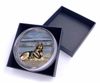 German Shepherd Dog on Beach Glass Paperweight in Gift Box