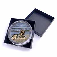 German Shepherd Dog on Beach Glass Paperweight in Gift Box