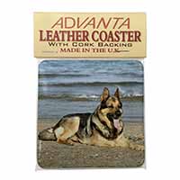 German Shepherd Dog on Beach Single Leather Photo Coaster