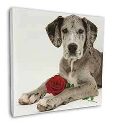 Great Dane with Red Rose Square Canvas 12"x12" Wall Art Picture Print