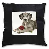 Great Dane with Red Rose Black Satin Feel Scatter Cushion