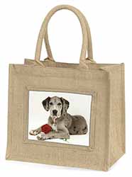 Great Dane with Red Rose Natural/Beige Jute Large Shopping Bag