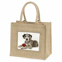 Great Dane with Red Rose Natural/Beige Jute Large Shopping Bag