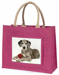 Great Dane with Red Rose Large Pink Jute Shopping Bag
