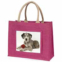 Great Dane with Red Rose Large Pink Jute Shopping Bag