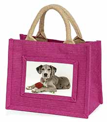 Great Dane with Red Rose Little Girls Small Pink Jute Shopping Bag