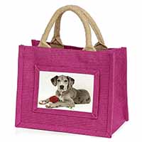 Great Dane with Red Rose Little Girls Small Pink Jute Shopping Bag