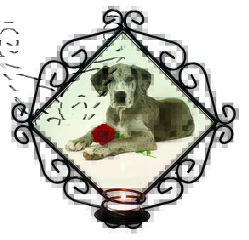 Great Dane with Red Rose Wrought Iron Wall Art Candle Holder