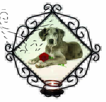 Great Dane with Red Rose Wrought Iron Wall Art Candle Holder