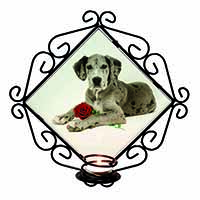 Great Dane with Red Rose Wrought Iron Wall Art Candle Holder