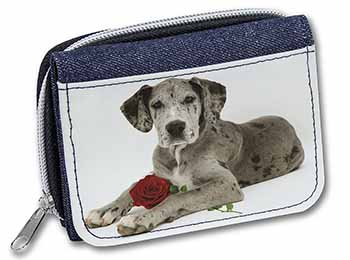 Great Dane with Red Rose Unisex Denim Purse Wallet