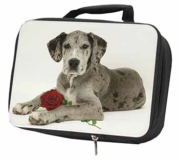 Great Dane with Red Rose Black Insulated School Lunch Box/Picnic Bag