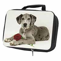 Great Dane with Red Rose Black Insulated School Lunch Box/Picnic Bag