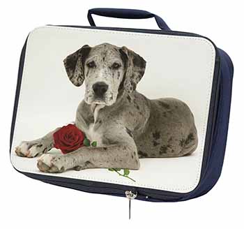 Great Dane with Red Rose Navy Insulated School Lunch Box/Picnic Bag