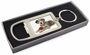 Great Dane with Red Rose Chrome Metal Bottle Opener Keyring in Box