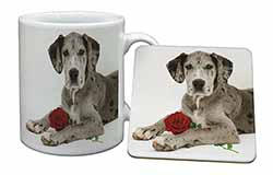 Great Dane with Red Rose Mug and Coaster Set